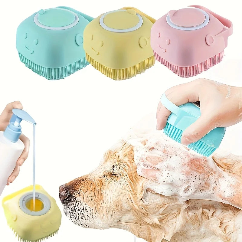 Three colorful pet grooming brushes with a dog being groomed and a spray bottle.