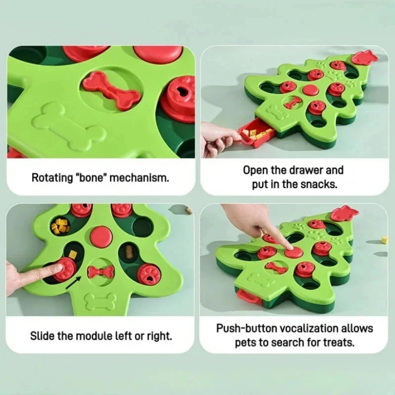 Green dog toy shaped like a Christmas tree with red bones and buttons, showing how to use it.