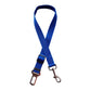 Blue dog leash with clip and metal buckle on a white background