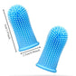 Two blue silicone scrubbers with textured surface and measurements on a white background