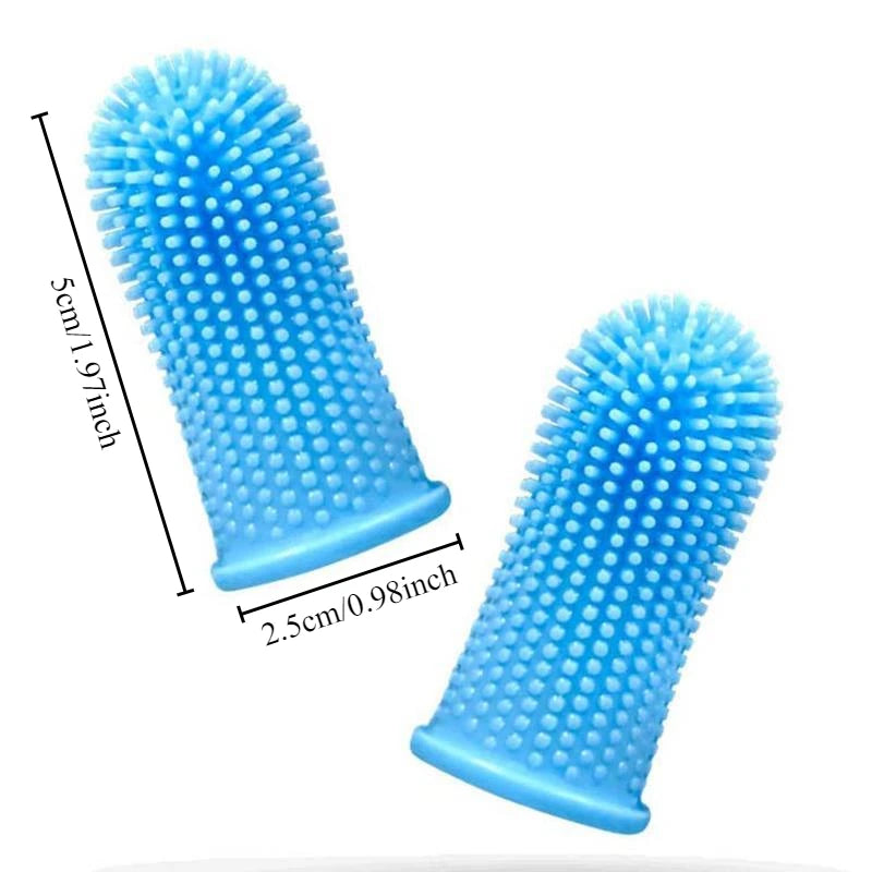 Two blue silicone scrubbers with textured surface and measurements on a white background