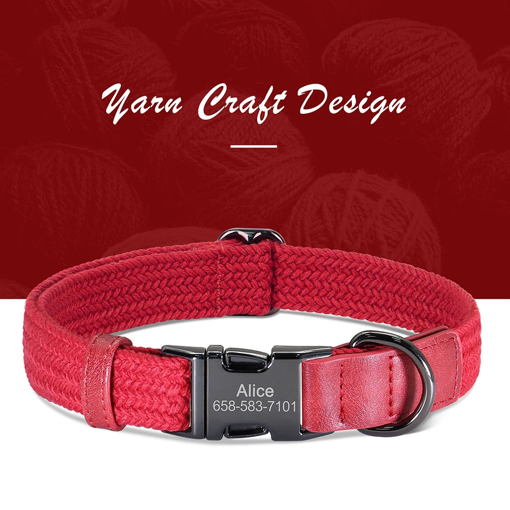 Red woven dog collar with engraved nameplate on a red yarn background