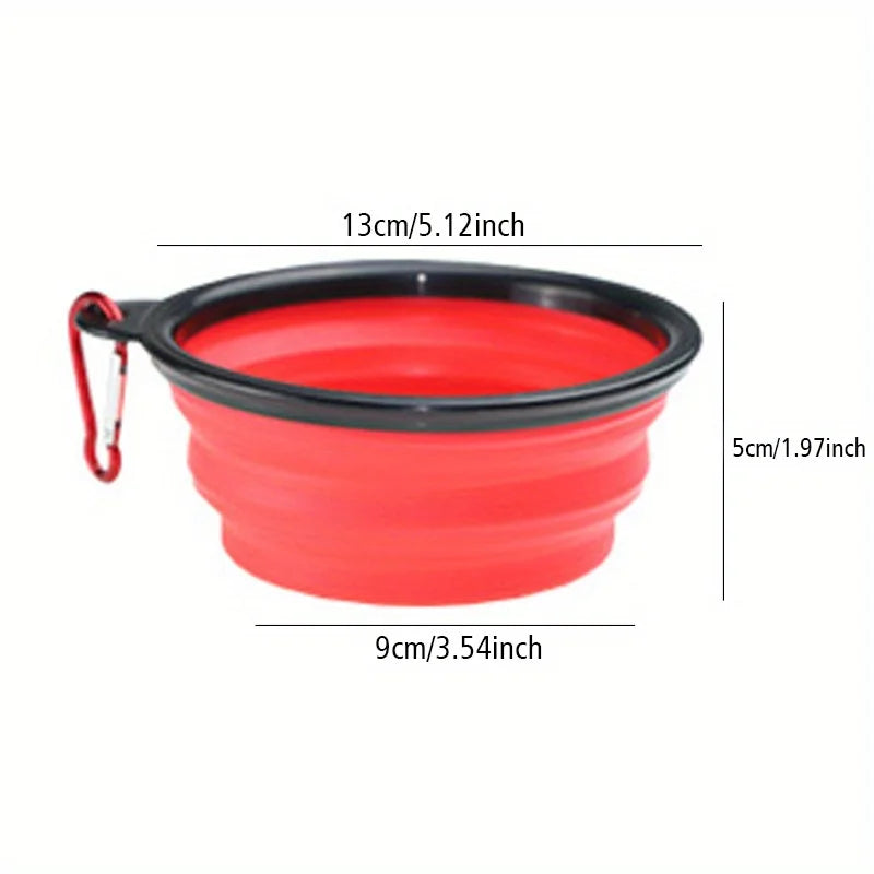 Red and black collapsible bowl with measurements on a white background