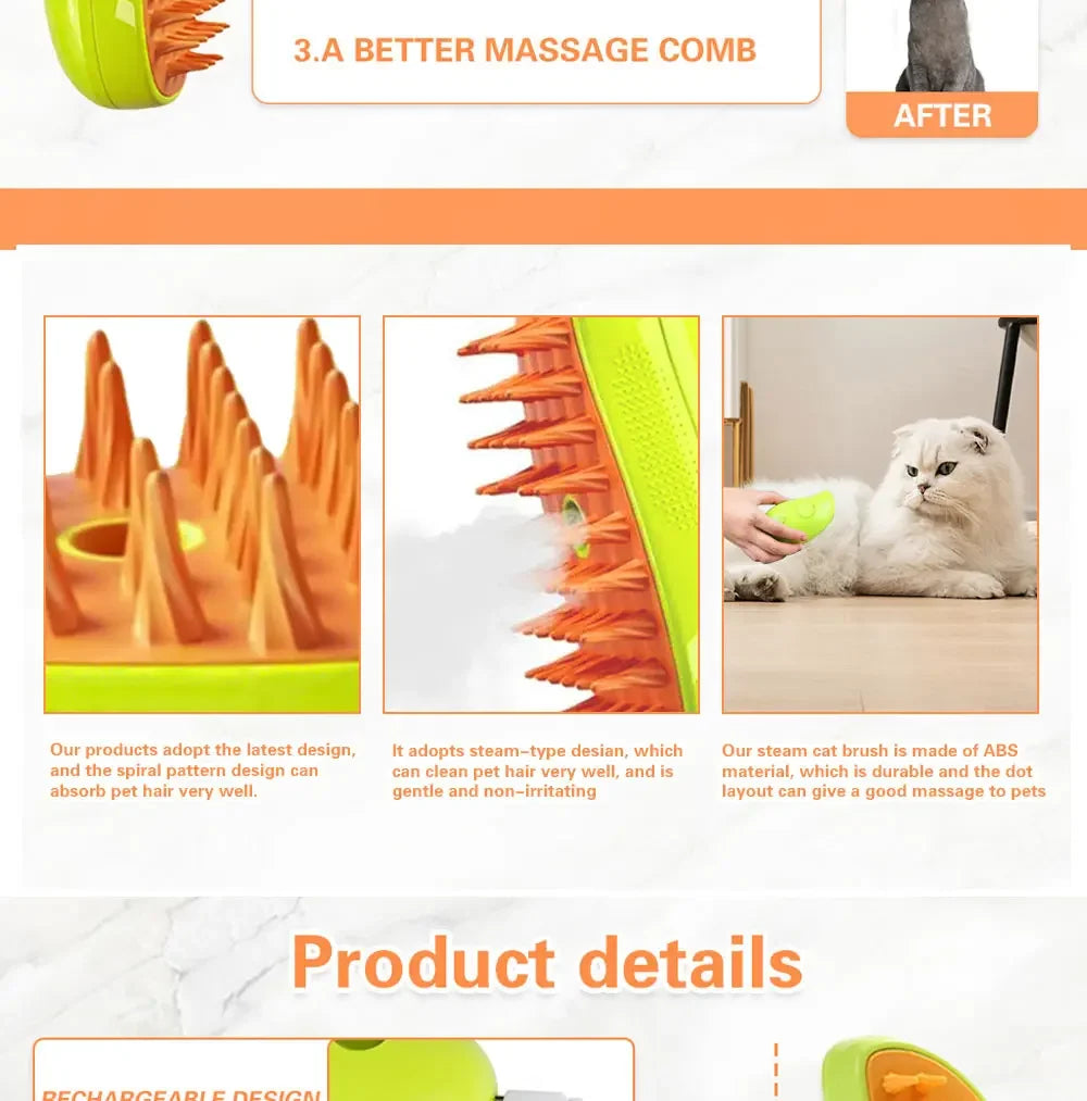 Pet grooming product with text and images of a cat using the product.