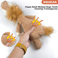 Dog toy shaped like a lion with a hand holding it, labeled for small to medium dogs.