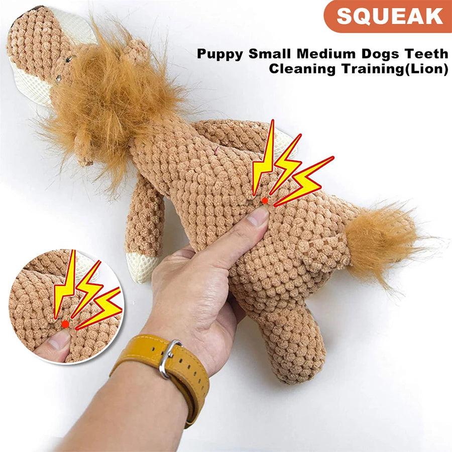 Dog toy shaped like a lion with a hand holding it, labeled for small to medium dogs.