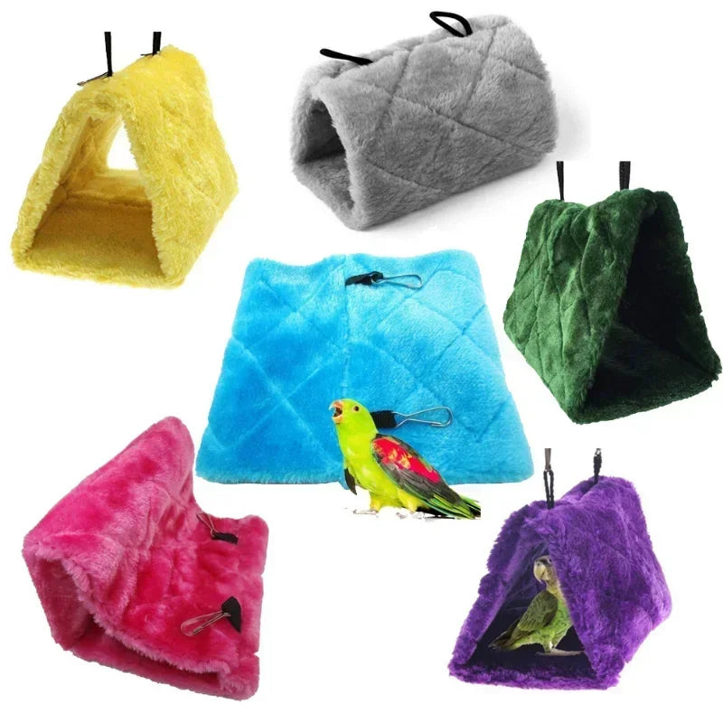 Colorful bird hammocks in various sizes with a parrot on a white background