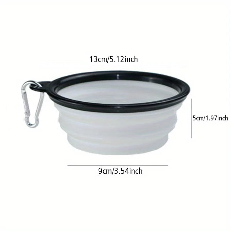 Collapsible silicone bowl with measurements on a white background