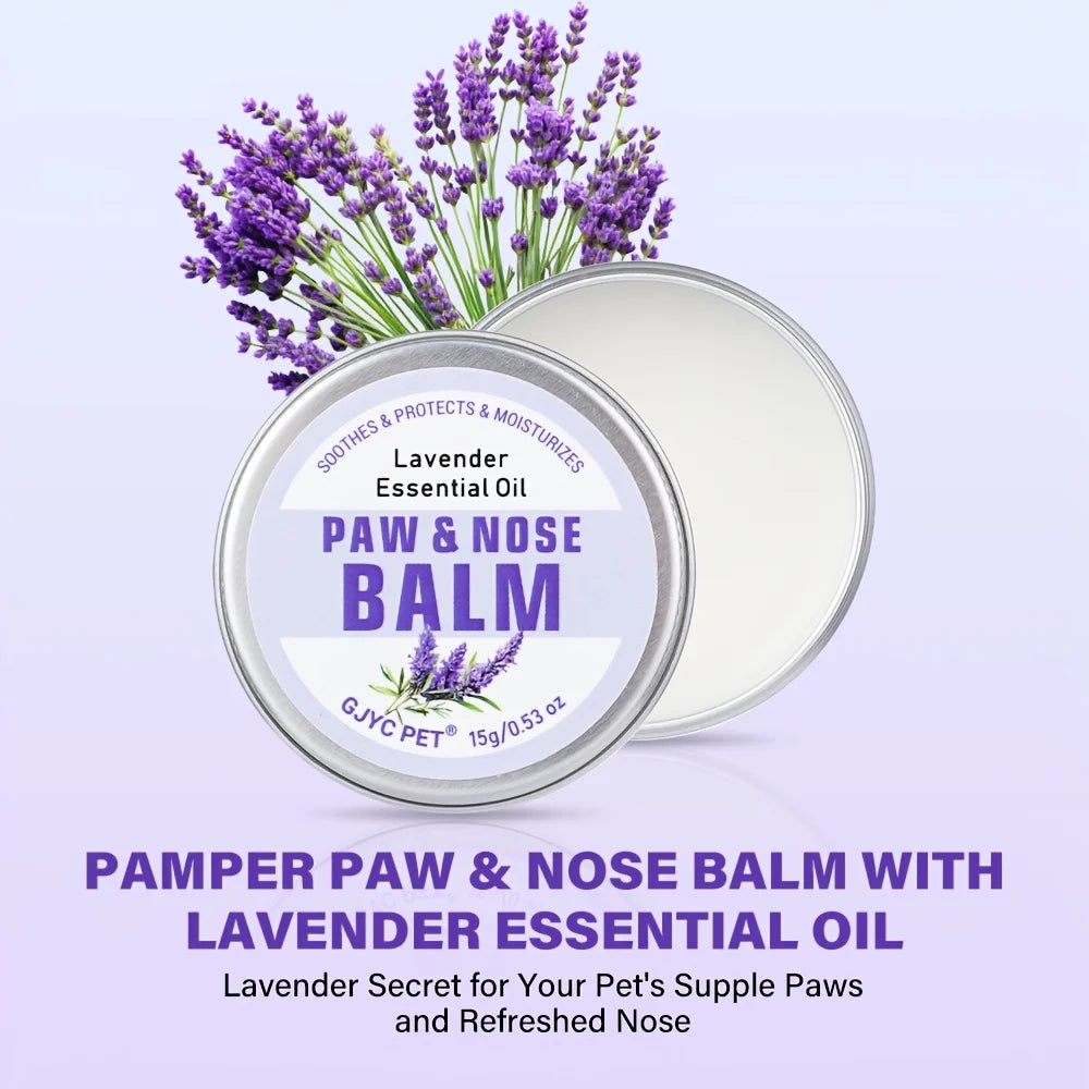 Paw and nose balm with lavender essential oil on a purple background