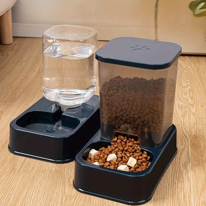 Pet food and water dispenser on a wooden floor