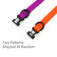 Two colorful dog collars with a random pattern on a white background