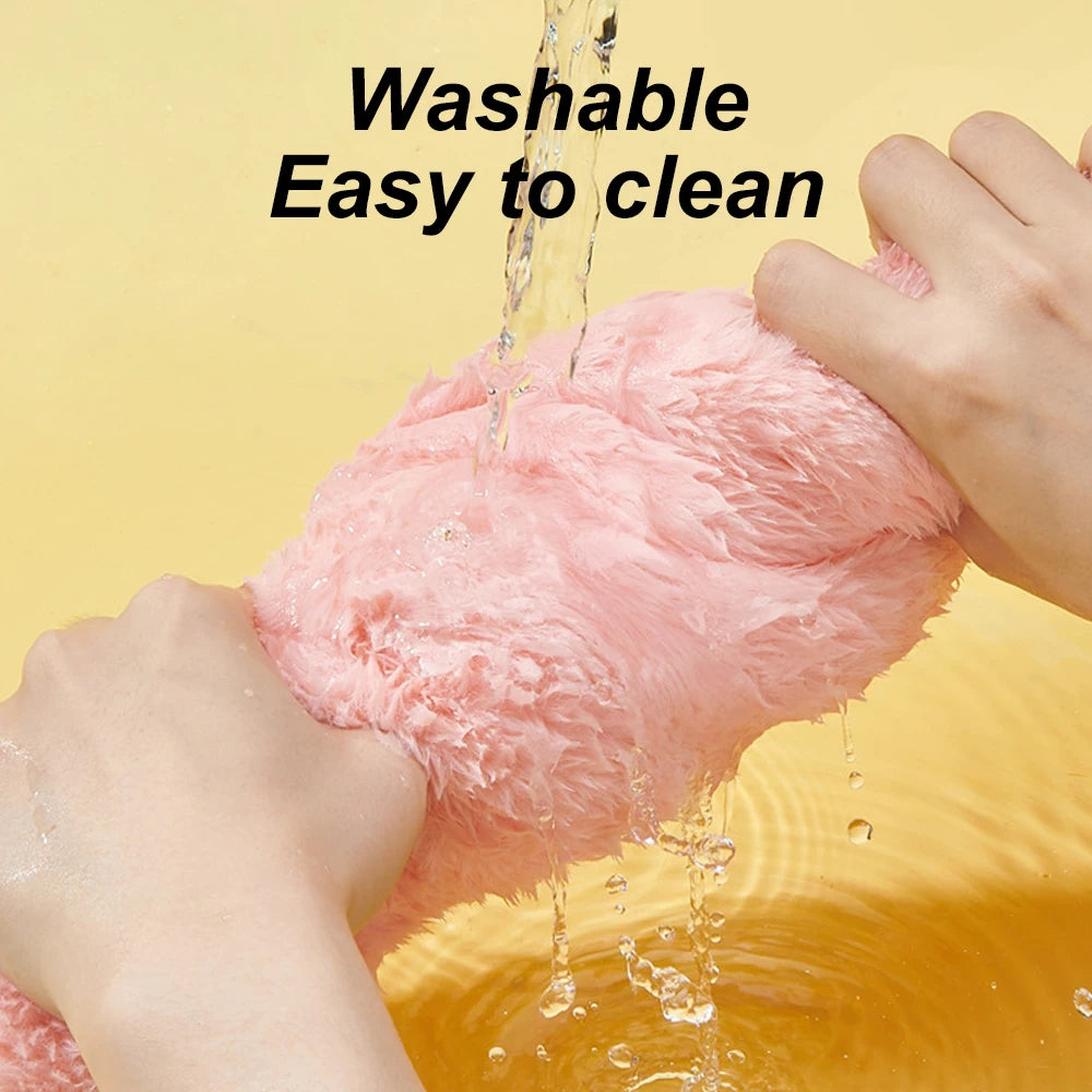 Pink fluffy toy being washed with water, text 'Washable Easy to clean' on a yellow background