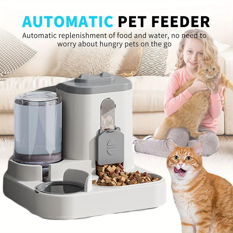 Automatic pet feeder with a cat and child on a couch, emphasizing convenience for pets.