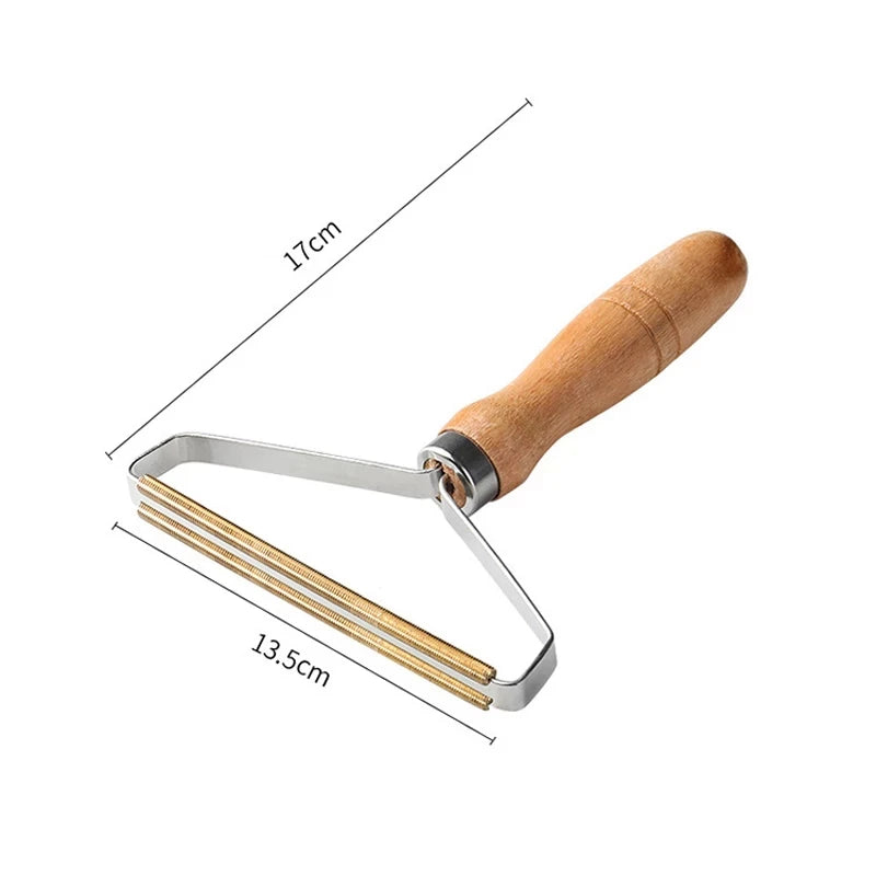 Metal tool with wooden handle and measurements on a white background