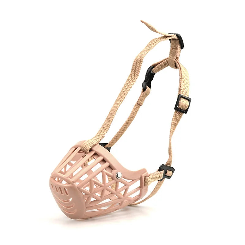 Dog muzzle with beige strap on a white background