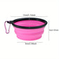 Pink collapsible bowl with measurements on a white background