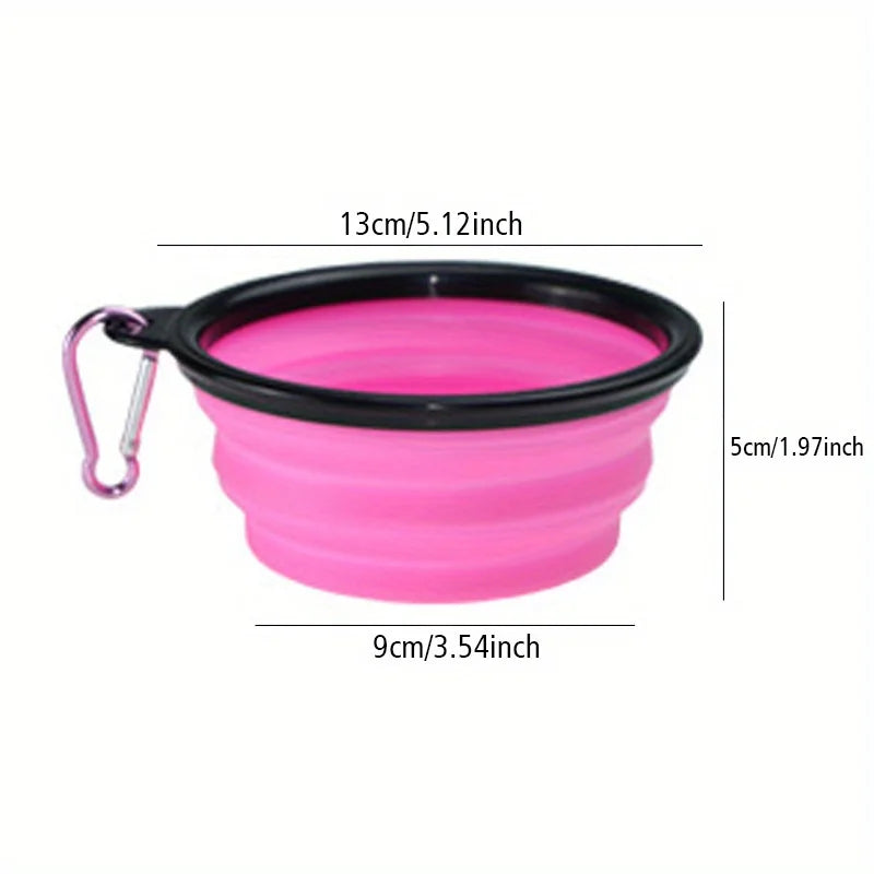 Pink collapsible bowl with measurements on a white background