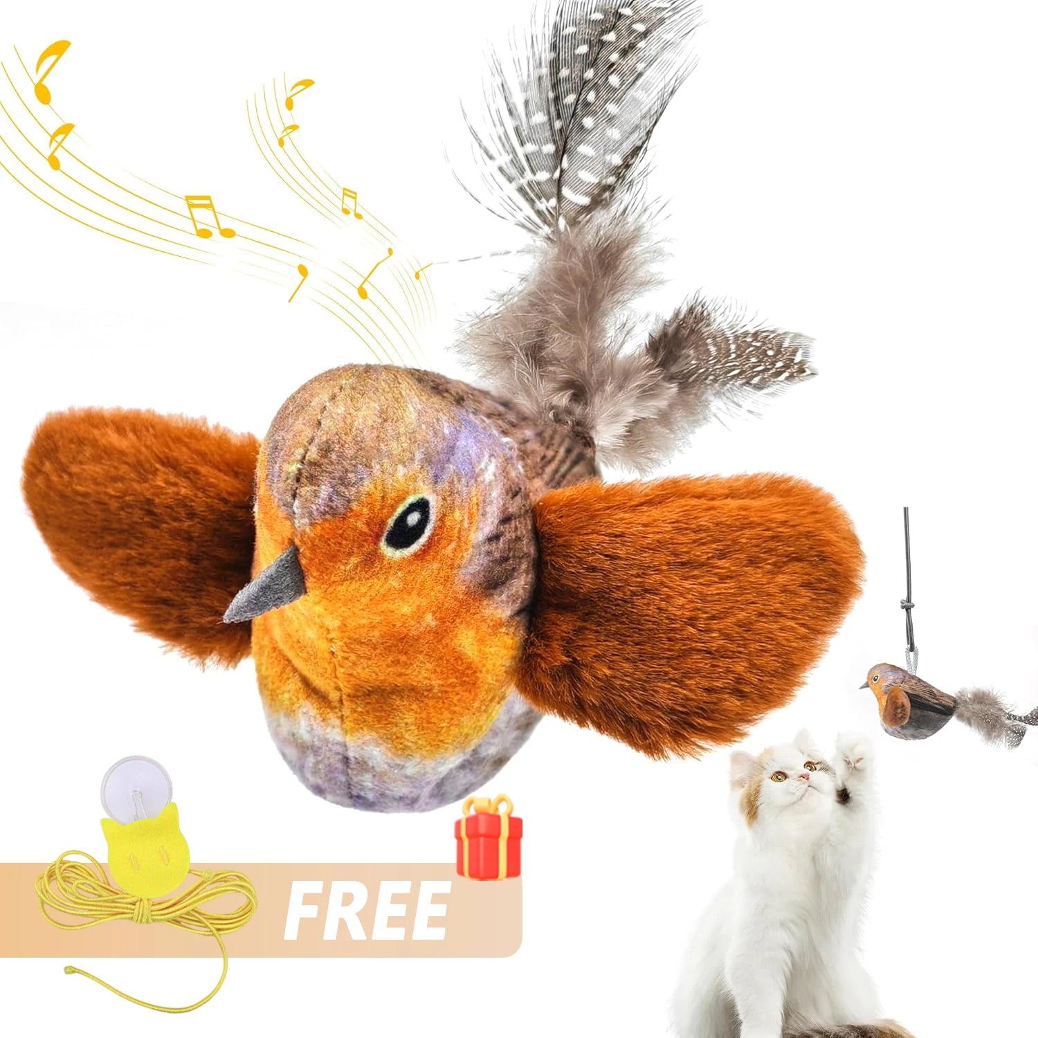Plush toy bird with feather details, music notes, and a cat sitting next to it on a white background.