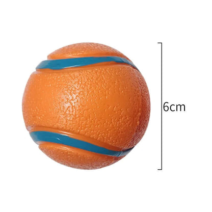 Orange ball with blue bands and a measurement label on a white background