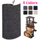 Roll of dark gray carpet with a cat tree and cat on it, alongside color swatches for six color options.