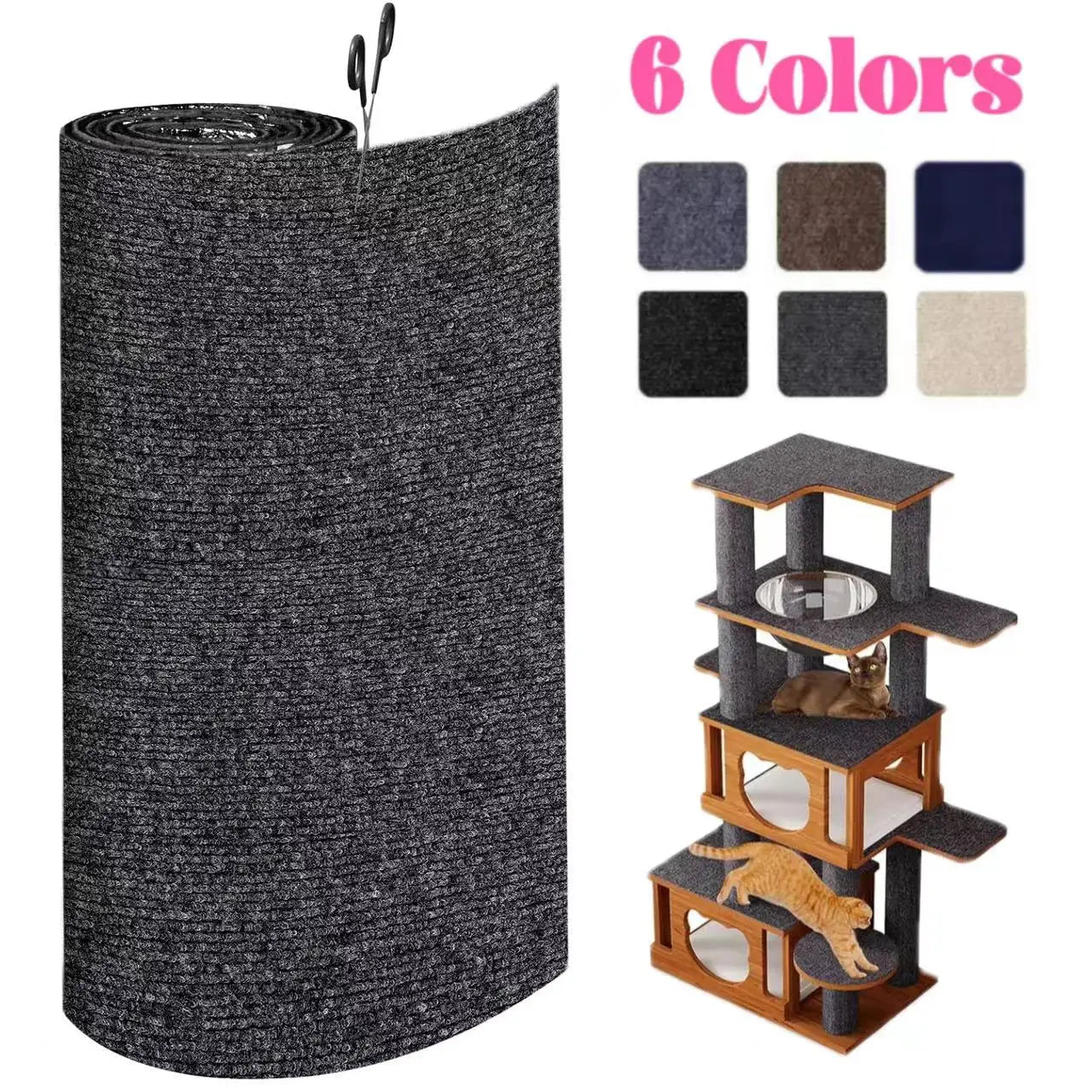Roll of dark gray carpet with a cat tree and cat on it, alongside color swatches for six color options.
