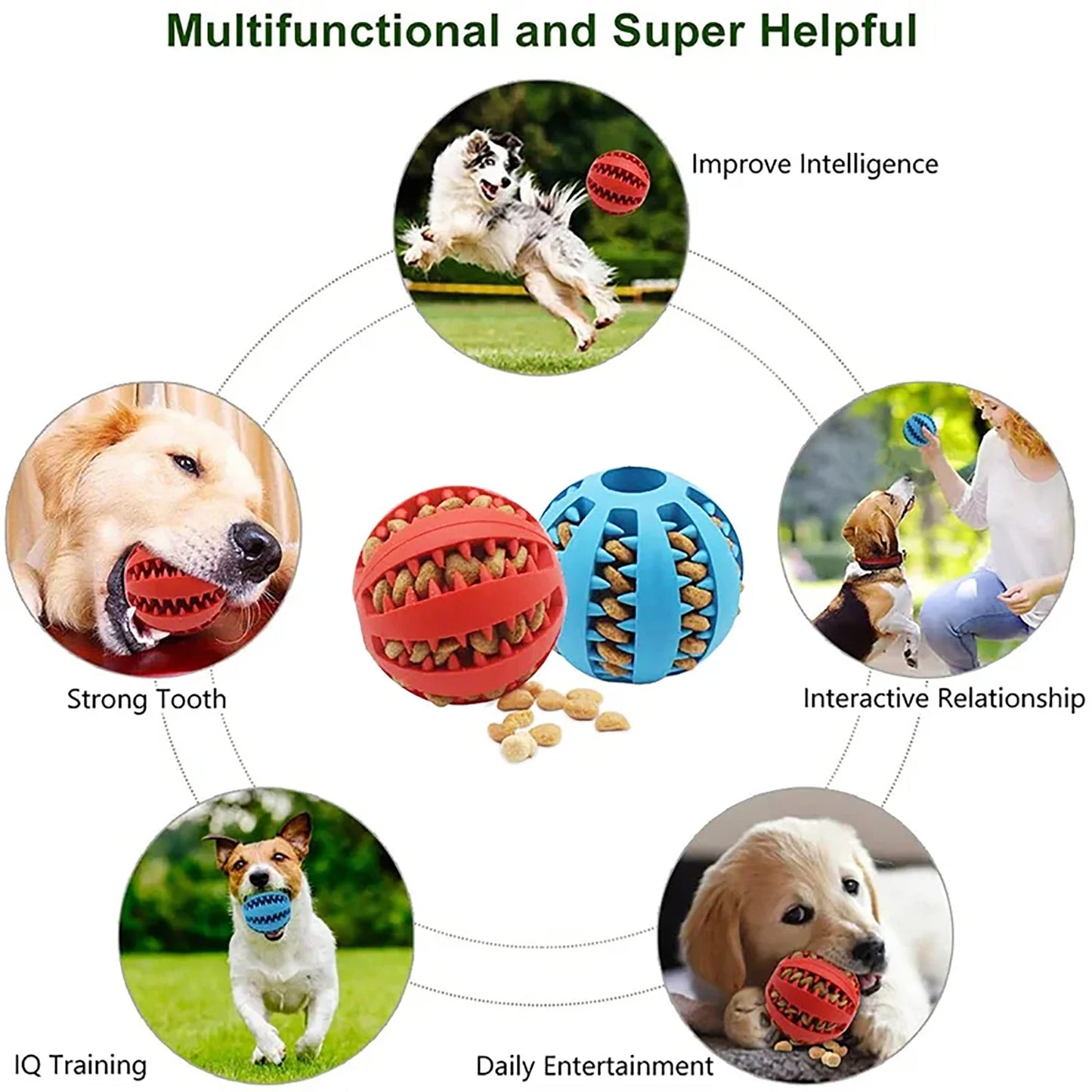Dog toys with benefits listed on a white background