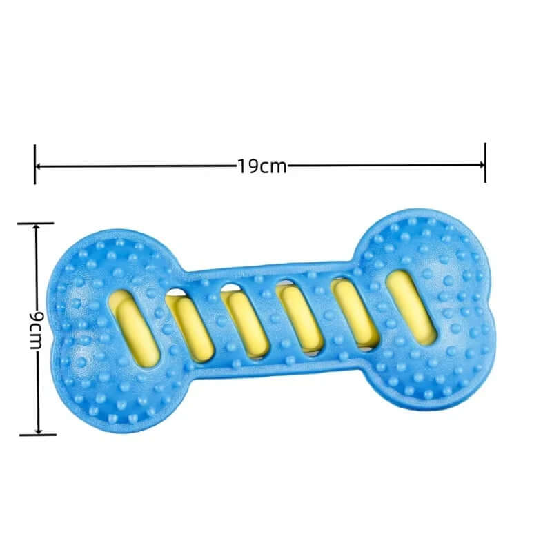 Blue bone-shaped toy with yellow bars and measurements on a white background