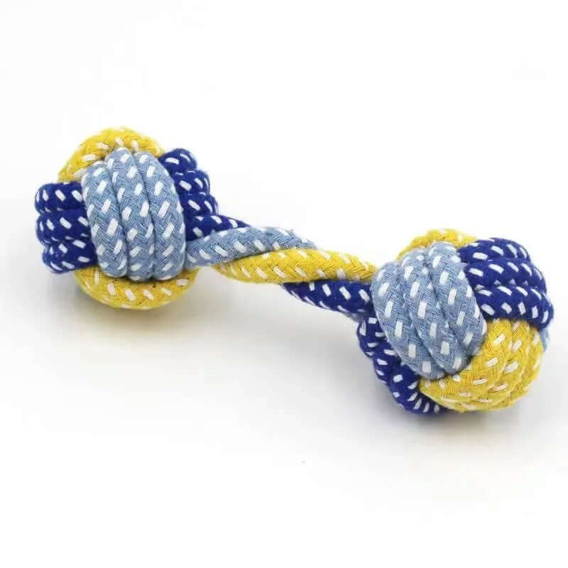 Dog toy with blue and yellow rope and balls on a white background