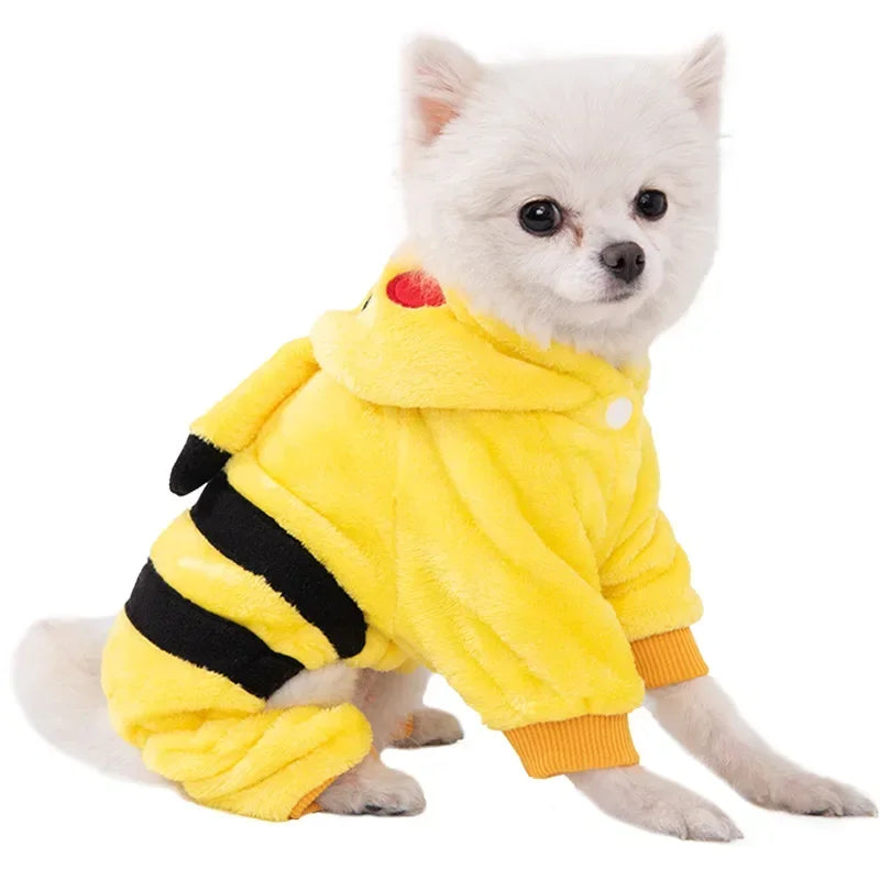 Small white dog wearing a yellow bee costume with black stripes on a white background