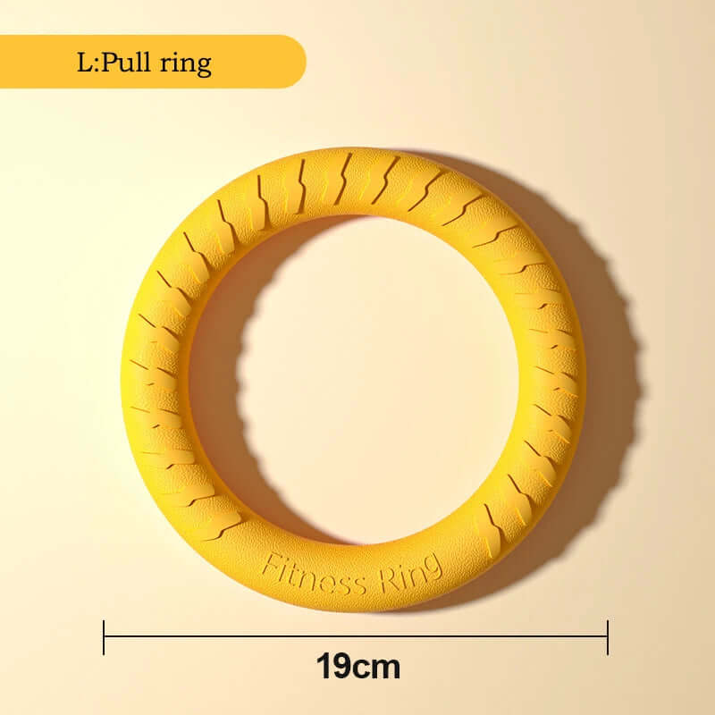 Yellow fitness ring with 'Fitness Ring' text and measurement label on a beige background