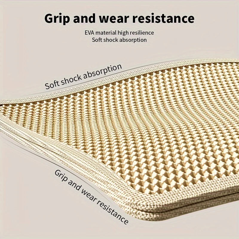 EVA material with text highlighting grip, wear resistance, and soft shock absorption.