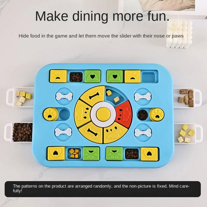 Dog puzzle toy with various shapes and patterns on a light background