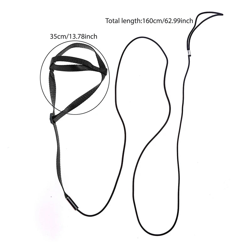 Measurement chart of a dog leash with total length and component dimensions on a white background.