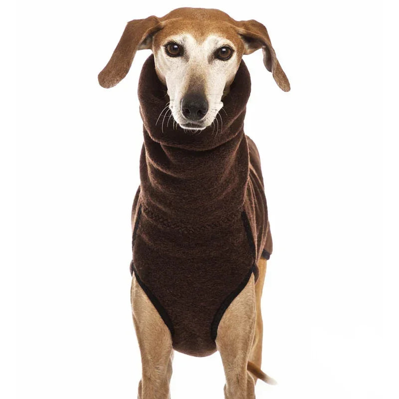 Dog wearing a brown fleece coat on a white background