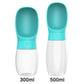 Two portable pet water bottles with turquoise tops and clear bases on a white background.