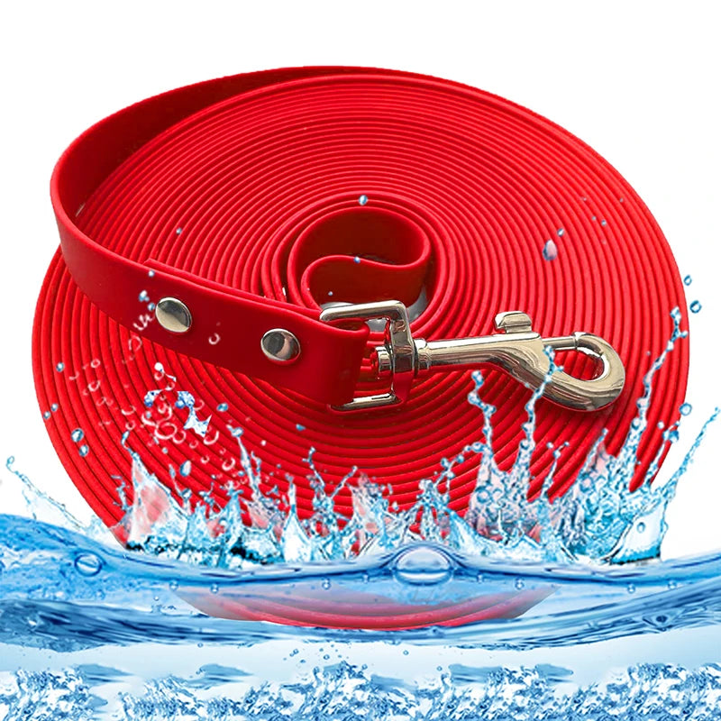 Red dog leash with a gold clasp on a water splash background