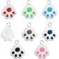 Set of colorful paw-shaped keychains on a white background