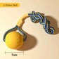 Yellow dog toy with a ball and rope on a beige background