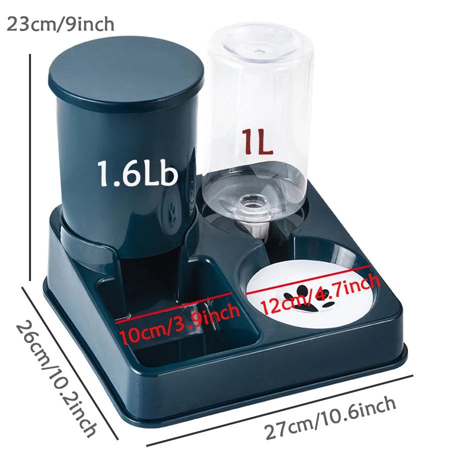 Pet feeder with measurement details on a white background
