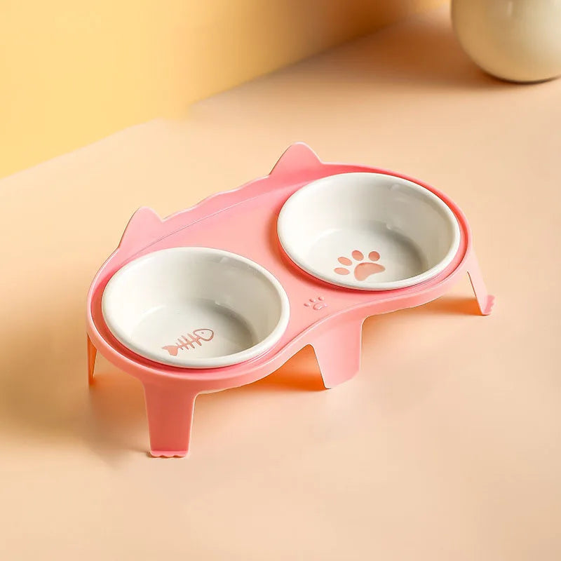 Ceramic Cat Bowl Double Bowl - Elevated Slanted Pet Food Water Bowls, High-Quality Kitten Feeding Drinking Bowls, Pet Supplies