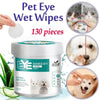 Pet Eye Wet Wipes packaging with images of pets and aloe vera, indicating use for eye care.