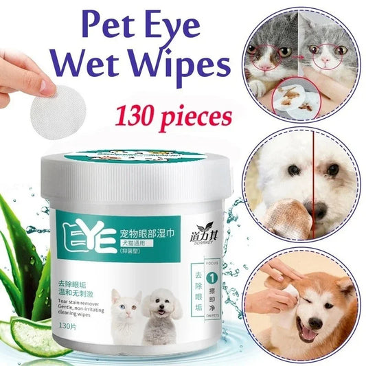 Pet Eye Wet Wipes packaging with images of pets and aloe vera, indicating use for eye care.