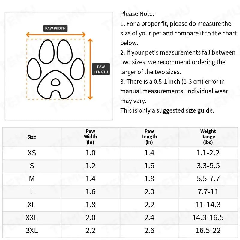 Pet size chart with paw measurement guide and weight range for different sizes.