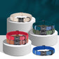 Set of colorful dog collars with engraved names on white stands against a dark blue background