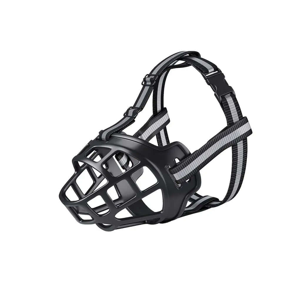 Black dog muzzle with gray straps on a white background