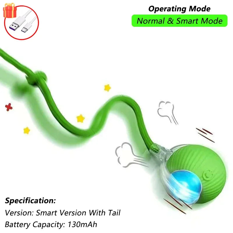 Green pet toy with USB cable and specifications on a white background