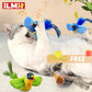 Cat playing with colorful bird-shaped toys, with iLMN logo and promotional text.