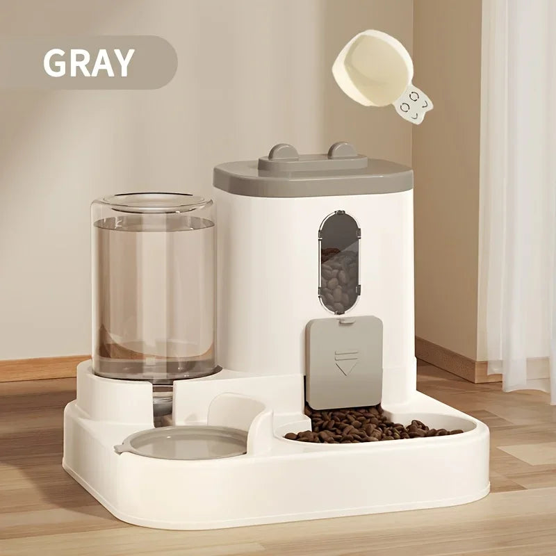 Pet feeding and water station with gray top and white base on a wooden floor.