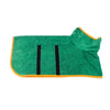 Green pet coat with black stripes and orange trim on a white background
