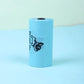 Roll of blue paper with a logo on a light blue background